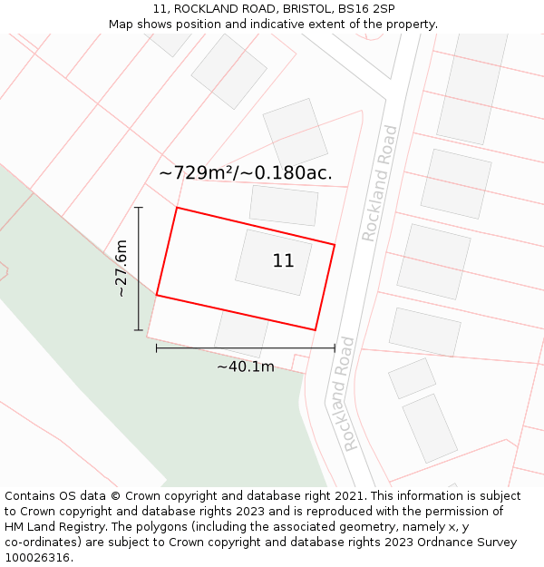 11, ROCKLAND ROAD, BRISTOL, BS16 2SP: Plot and title map