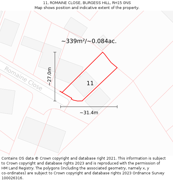 11, ROMAINE CLOSE, BURGESS HILL, RH15 0NS: Plot and title map