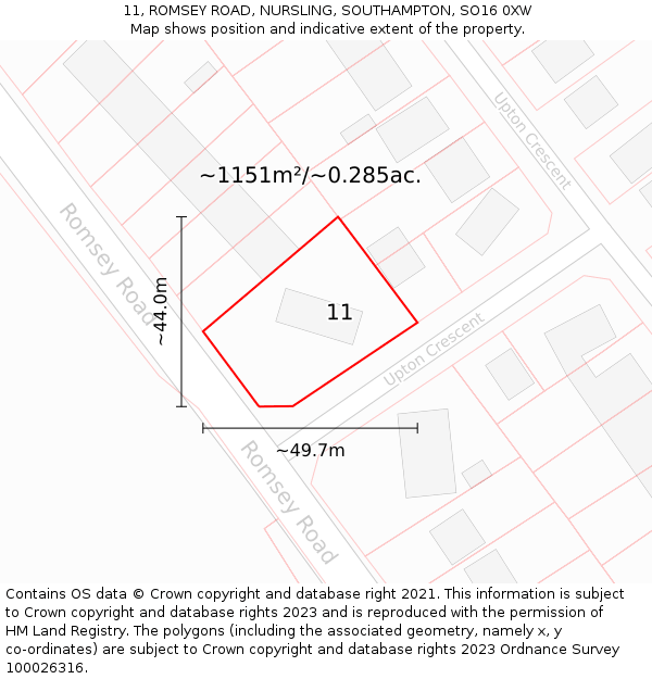 11, ROMSEY ROAD, NURSLING, SOUTHAMPTON, SO16 0XW: Plot and title map
