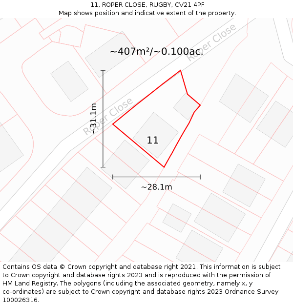 11, ROPER CLOSE, RUGBY, CV21 4PF: Plot and title map