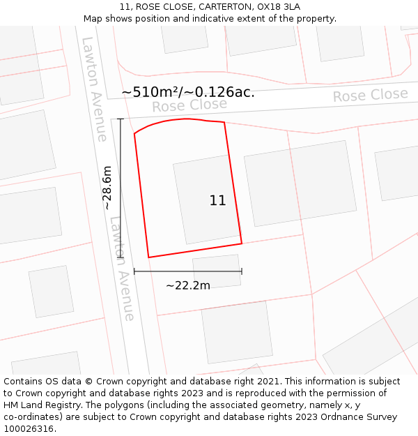 11, ROSE CLOSE, CARTERTON, OX18 3LA: Plot and title map