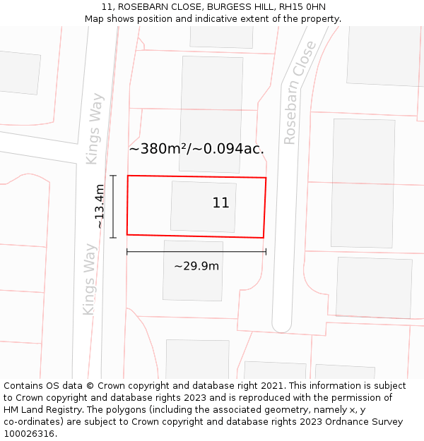 11, ROSEBARN CLOSE, BURGESS HILL, RH15 0HN: Plot and title map