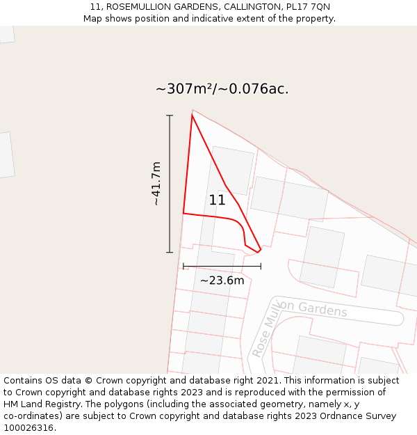 11, ROSEMULLION GARDENS, CALLINGTON, PL17 7QN: Plot and title map