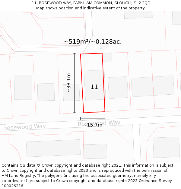 11, ROSEWOOD WAY, FARNHAM COMMON, SLOUGH, SL2 3QD: Plot and title map