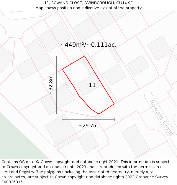 11, ROWANS CLOSE, FARNBOROUGH, GU14 9EJ: Plot and title map