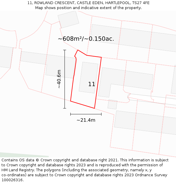 11, ROWLAND CRESCENT, CASTLE EDEN, HARTLEPOOL, TS27 4FE: Plot and title map