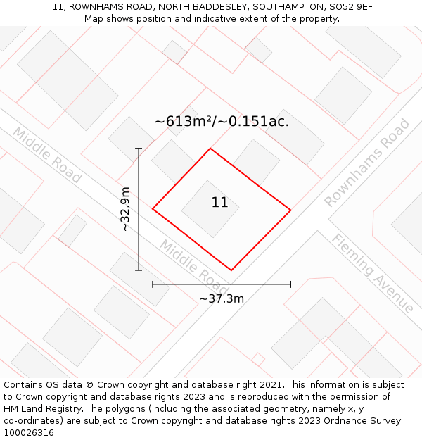 11, ROWNHAMS ROAD, NORTH BADDESLEY, SOUTHAMPTON, SO52 9EF: Plot and title map