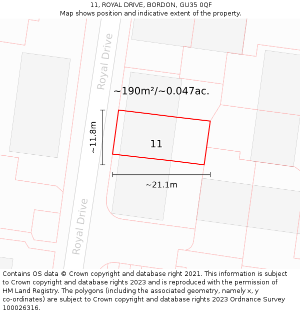 11, ROYAL DRIVE, BORDON, GU35 0QF: Plot and title map