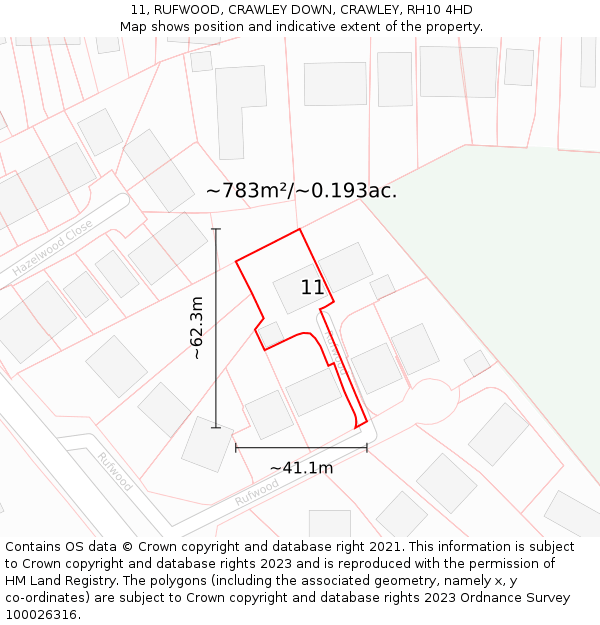 11, RUFWOOD, CRAWLEY DOWN, CRAWLEY, RH10 4HD: Plot and title map