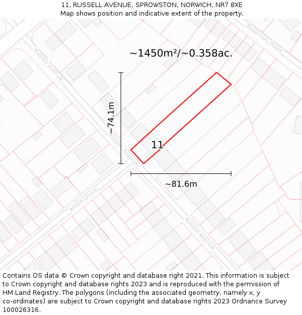 11, RUSSELL AVENUE, SPROWSTON, NORWICH, NR7 8XE: Plot and title map