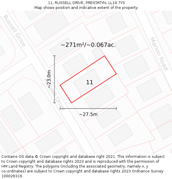 11, RUSSELL DRIVE, PRESTATYN, LL19 7YS: Plot and title map