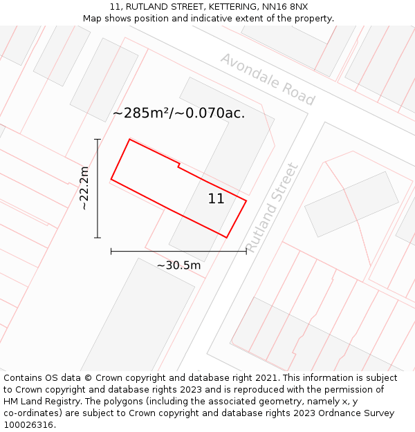 11, RUTLAND STREET, KETTERING, NN16 8NX: Plot and title map