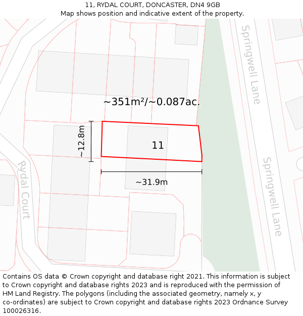 11, RYDAL COURT, DONCASTER, DN4 9GB: Plot and title map