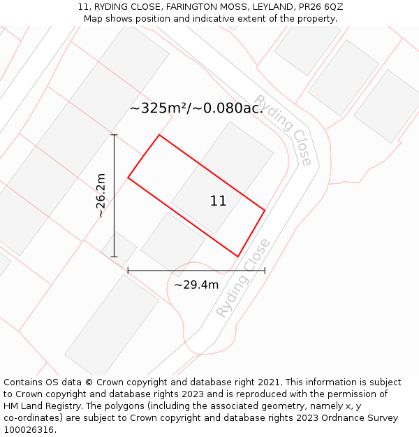 11, RYDING CLOSE, FARINGTON MOSS, LEYLAND, PR26 6QZ: Plot and title map