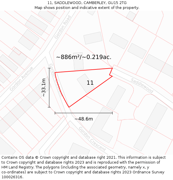 11, SADDLEWOOD, CAMBERLEY, GU15 2TG: Plot and title map