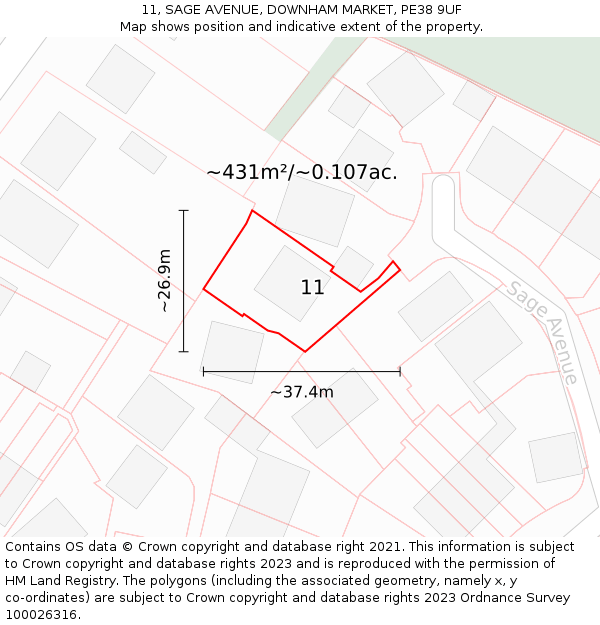 11, SAGE AVENUE, DOWNHAM MARKET, PE38 9UF: Plot and title map