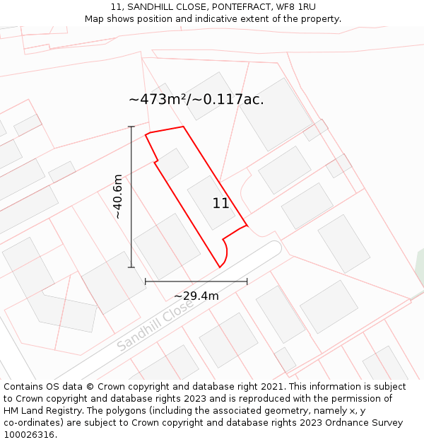 11, SANDHILL CLOSE, PONTEFRACT, WF8 1RU: Plot and title map