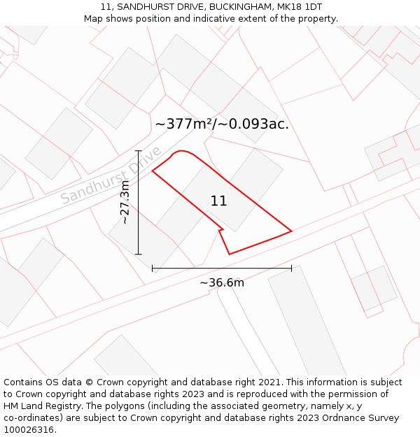 11, SANDHURST DRIVE, BUCKINGHAM, MK18 1DT: Plot and title map