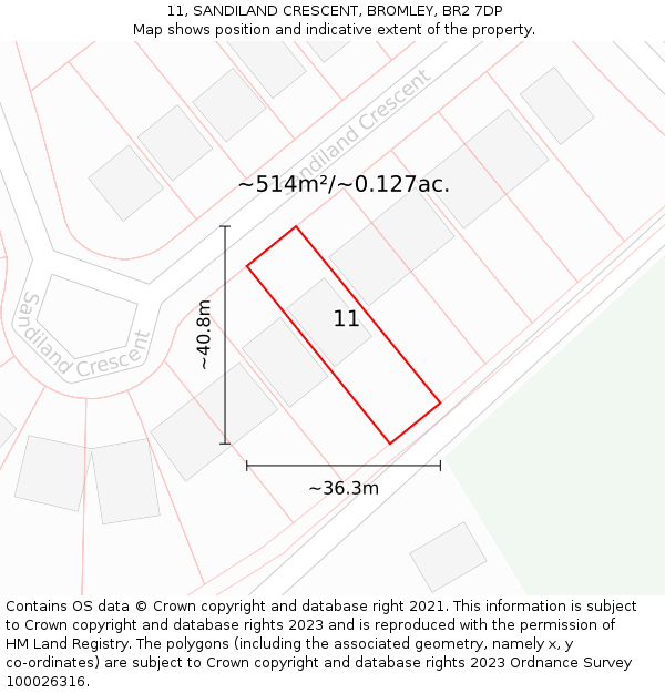 11, SANDILAND CRESCENT, BROMLEY, BR2 7DP: Plot and title map