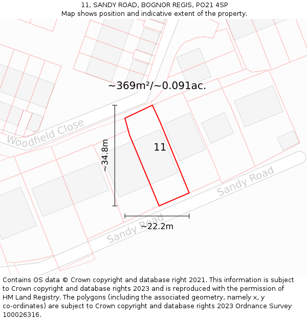 11, SANDY ROAD, BOGNOR REGIS, PO21 4SP: Plot and title map