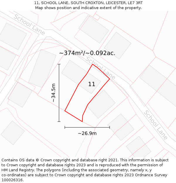 11, SCHOOL LANE, SOUTH CROXTON, LEICESTER, LE7 3RT: Plot and title map