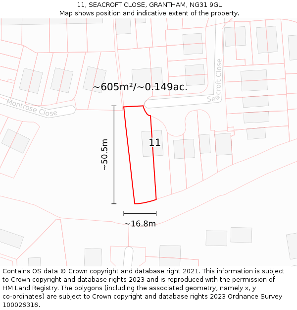 11, SEACROFT CLOSE, GRANTHAM, NG31 9GL: Plot and title map