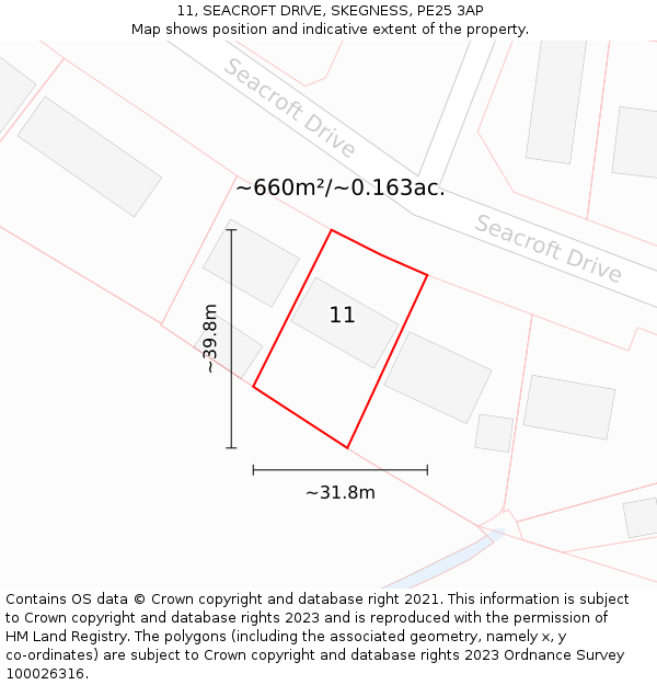 11, SEACROFT DRIVE, SKEGNESS, PE25 3AP: Plot and title map