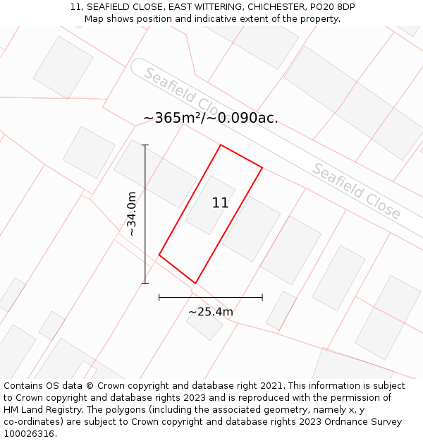 11, SEAFIELD CLOSE, EAST WITTERING, CHICHESTER, PO20 8DP: Plot and title map