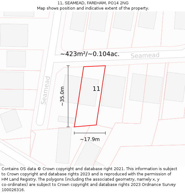 11, SEAMEAD, FAREHAM, PO14 2NG: Plot and title map