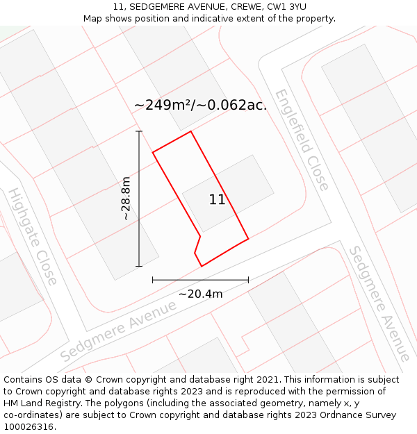 11, SEDGEMERE AVENUE, CREWE, CW1 3YU: Plot and title map