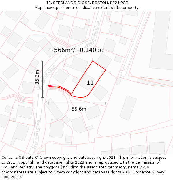 11, SEEDLANDS CLOSE, BOSTON, PE21 9QE: Plot and title map