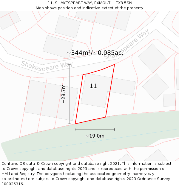 11, SHAKESPEARE WAY, EXMOUTH, EX8 5SN: Plot and title map
