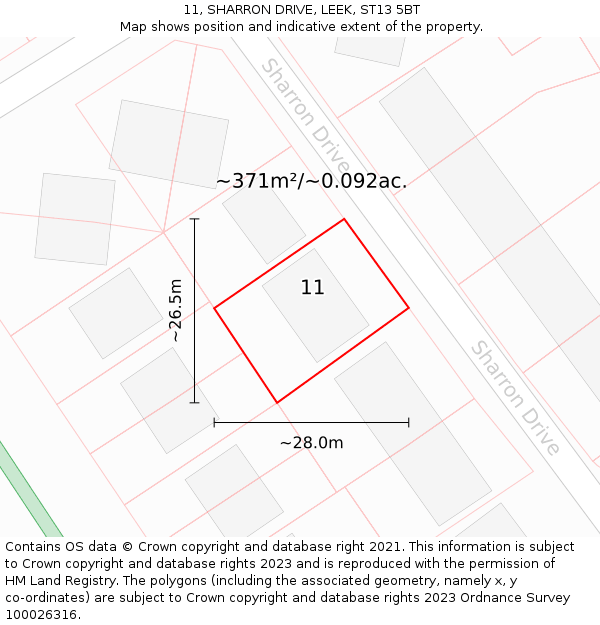 11, SHARRON DRIVE, LEEK, ST13 5BT: Plot and title map