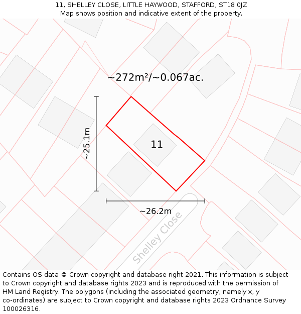 11, SHELLEY CLOSE, LITTLE HAYWOOD, STAFFORD, ST18 0JZ: Plot and title map