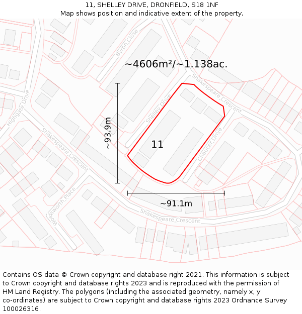 11, SHELLEY DRIVE, DRONFIELD, S18 1NF: Plot and title map