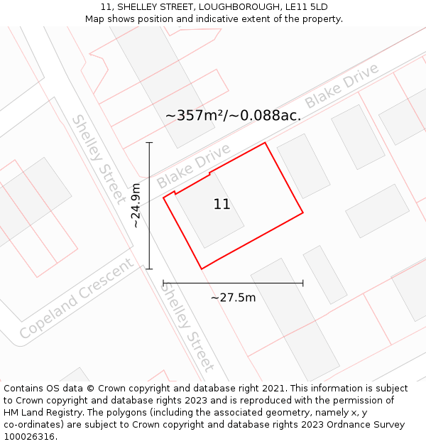 11, SHELLEY STREET, LOUGHBOROUGH, LE11 5LD: Plot and title map