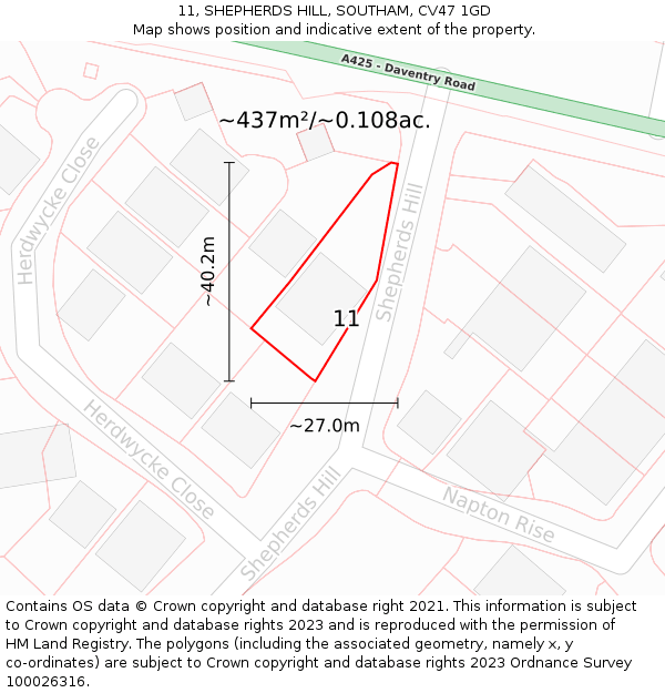 11, SHEPHERDS HILL, SOUTHAM, CV47 1GD: Plot and title map