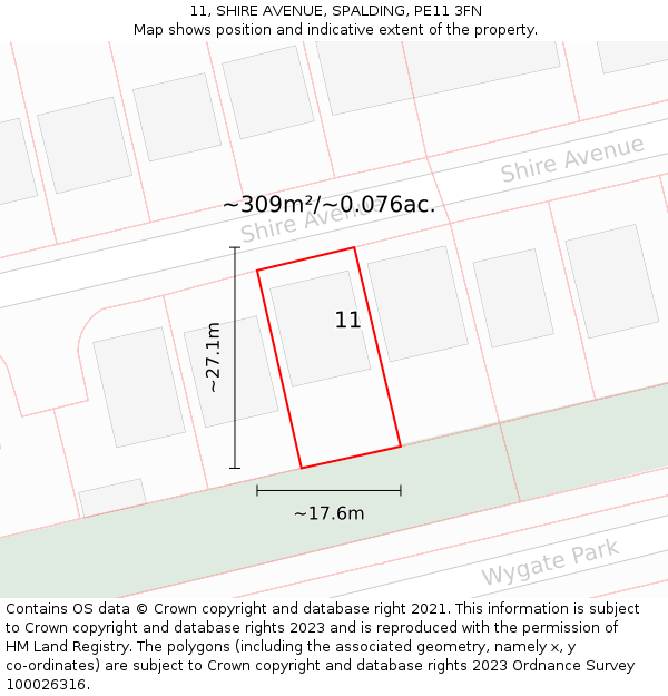 11, SHIRE AVENUE, SPALDING, PE11 3FN: Plot and title map