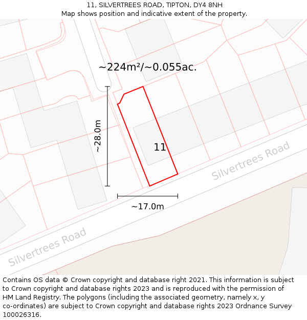 11, SILVERTREES ROAD, TIPTON, DY4 8NH: Plot and title map