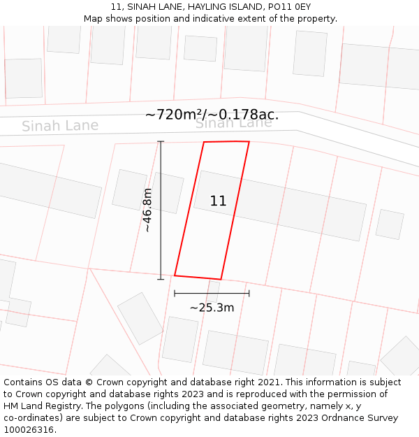 11, SINAH LANE, HAYLING ISLAND, PO11 0EY: Plot and title map