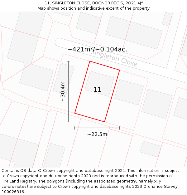 11, SINGLETON CLOSE, BOGNOR REGIS, PO21 4JY: Plot and title map