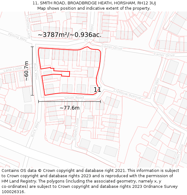 11, SMITH ROAD, BROADBRIDGE HEATH, HORSHAM, RH12 3UJ: Plot and title map