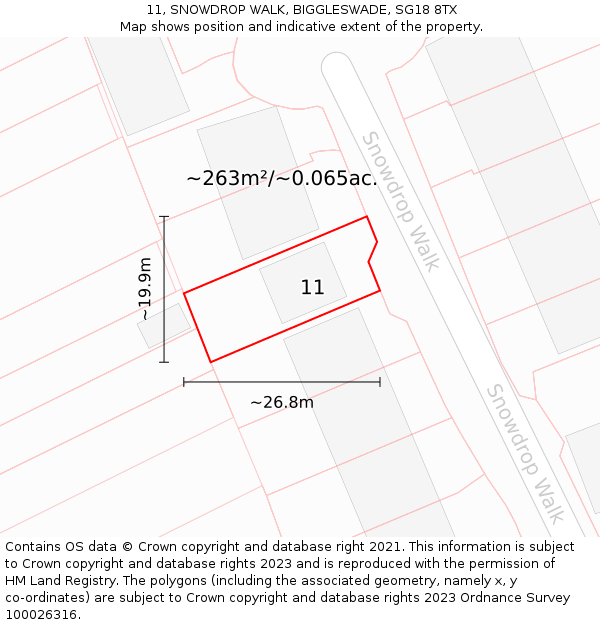 11, SNOWDROP WALK, BIGGLESWADE, SG18 8TX: Plot and title map