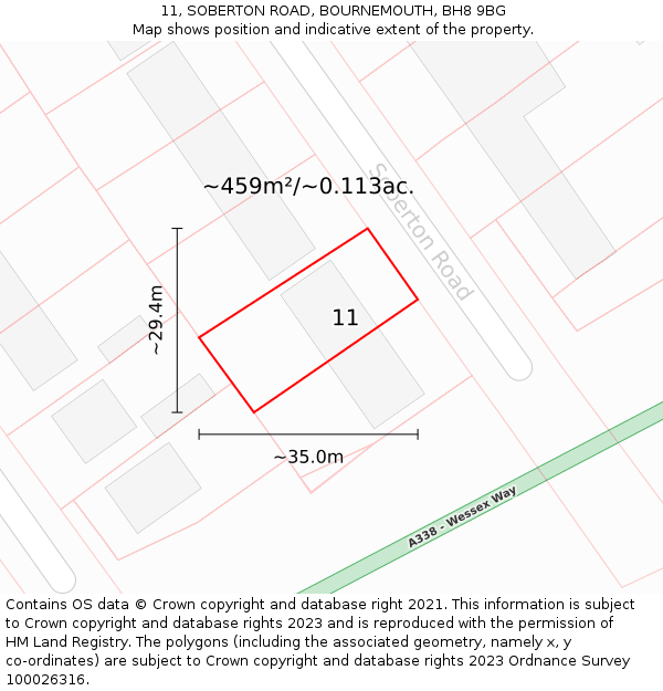 11, SOBERTON ROAD, BOURNEMOUTH, BH8 9BG: Plot and title map