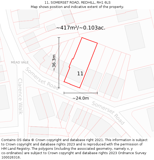11, SOMERSET ROAD, REDHILL, RH1 6LS: Plot and title map