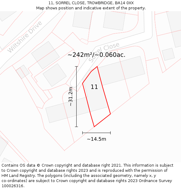 11, SORREL CLOSE, TROWBRIDGE, BA14 0XX: Plot and title map