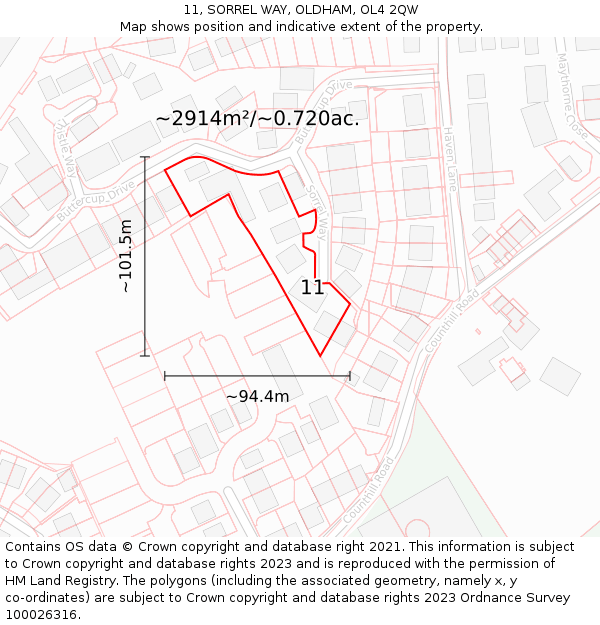 11, SORREL WAY, OLDHAM, OL4 2QW: Plot and title map