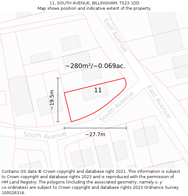 11, SOUTH AVENUE, BILLINGHAM, TS23 1DD: Plot and title map