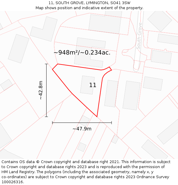 11, SOUTH GROVE, LYMINGTON, SO41 3SW: Plot and title map