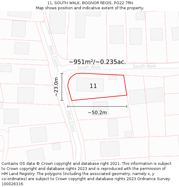 11, SOUTH WALK, BOGNOR REGIS, PO22 7RN: Plot and title map